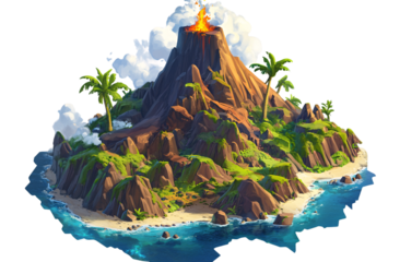 miniature volcano erupting, in the style of a cartoon, on a white background, in PNG