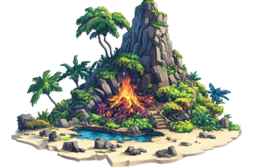 miniature volcano erupting, in the style of a cartoon, on a white background, in PNG