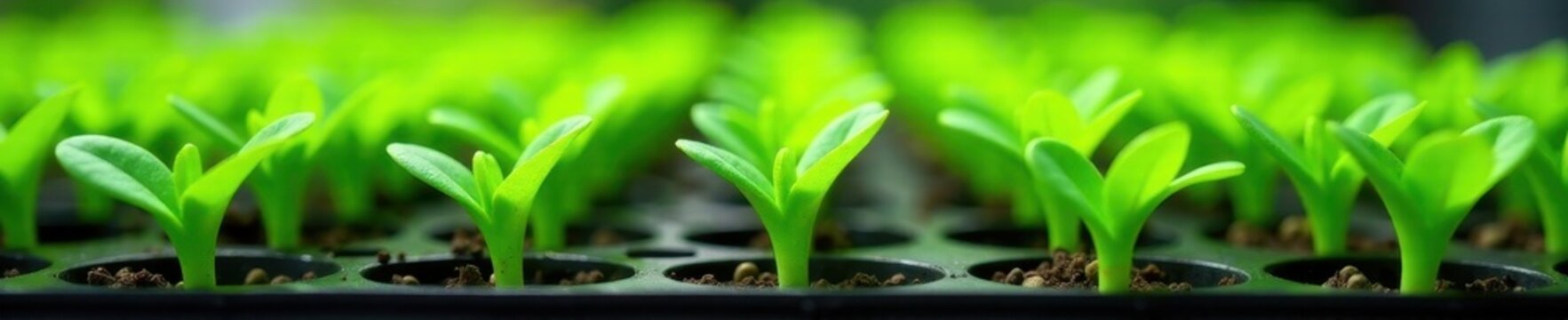 Delicate green seedlings densely packed in propagation trays , macro, seedling