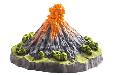 miniature volcano erupting, in the style of a cartoon, on a white background, in PNG