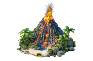 miniature volcano erupting, in the style of a cartoon, on a white background, in PNG