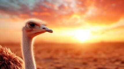 The captivating silhouette of an ostrich against a breathtaking sunset in the desert evokes tranquility and wonder, showcasing the natural beauty and solitude of wildlife in its habitat.