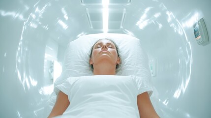 A patient peacefully rests in an advanced medical pod, reflecting the progress in medical technology and the importance of health care in providing comfort and healing.