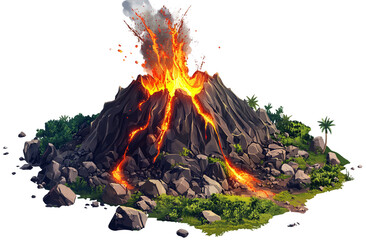 miniature volcano erupting, in the style of a cartoon, on a white background, in PNG