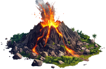miniature volcano erupting, in the style of a cartoon, on a white background, in PNG