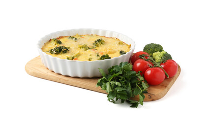 Delicious vegetable casserole and ingredients isolated on white