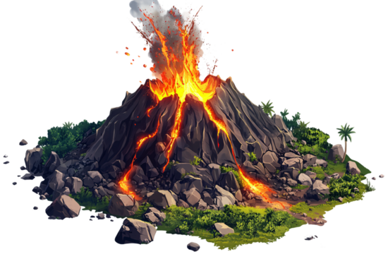miniature volcano erupting, in the style of a cartoon, on a white background, in PNG