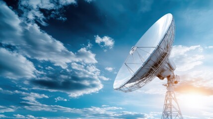 A stunning satellite dish reaches for the sky, beautifully contrasting with the dynamic clouds and sunlight, symbolizing communication and technology in harmony with nature.
