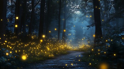 Fototapeta premium Enchanting fireflies illuminating a lush greenery pathway in nature's organic wonderland