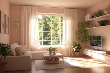 Fototapeta premium Sunlit living room with beige sofa, plants, and large window.
