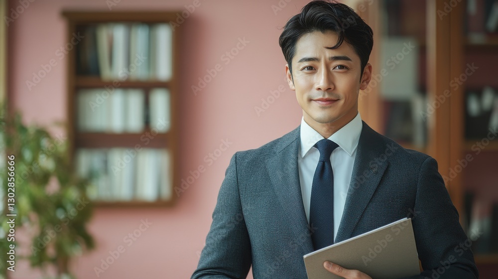 Poster a confident asian businessman standing in a suit holding a document folder and pointing up the backg