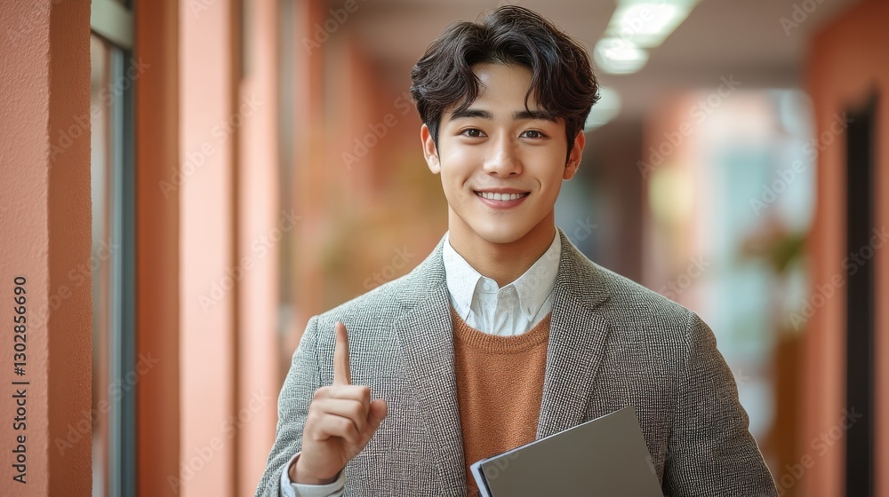 Poster a confident asian businessman standing in a suit holding a document folder and pointing up the backg