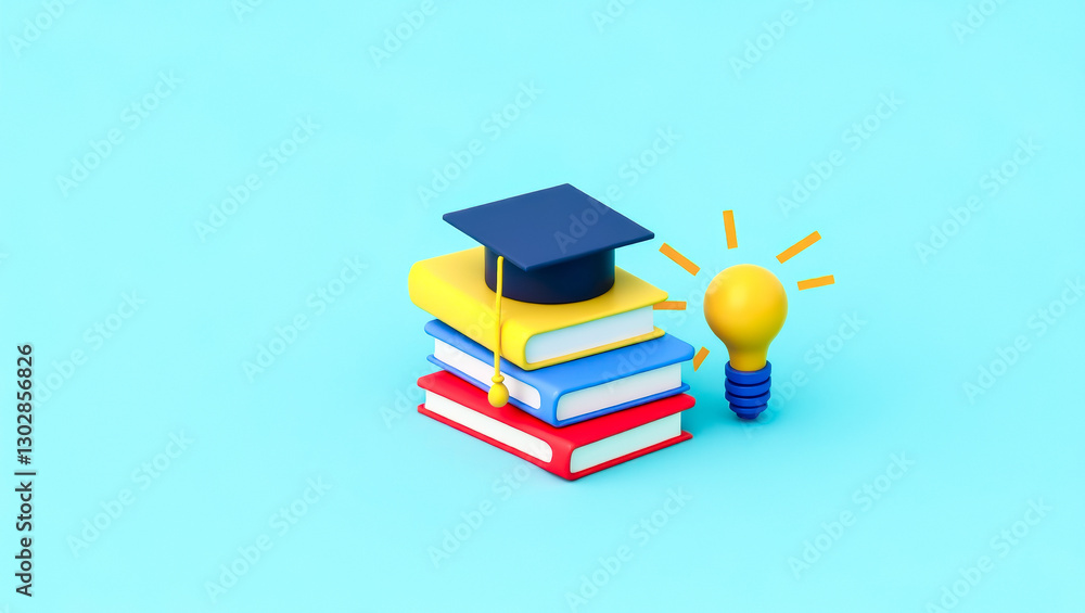 Poster graduation cap on stack of books with lightbulb representing knowledge and new ideas