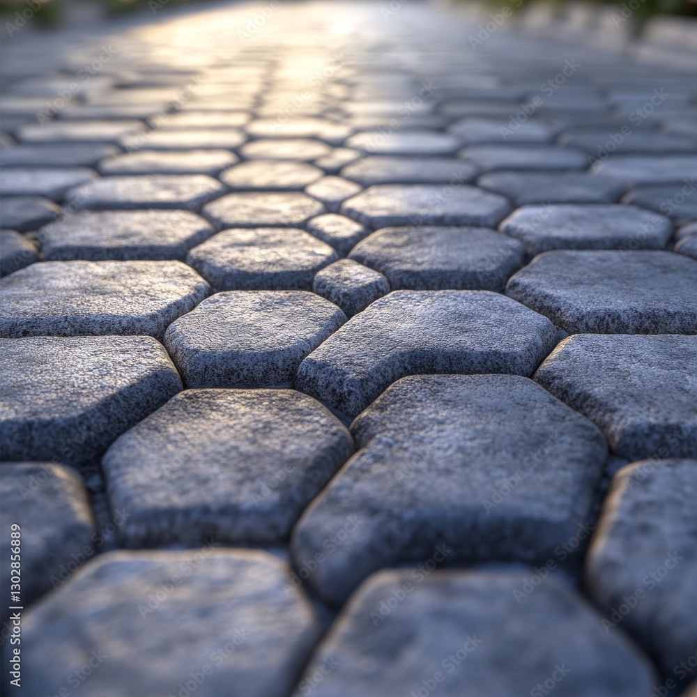 Aufkleber close-up of hexagonal cobblestone path leading to the light, showing texture and pattern with shallo