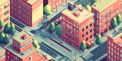 Cityscape Isometric View: Capturing a vibrant, urban scene from an isometric perspective, this image showcases buildings, roads, trees, and vehicles. A modern city, teeming with life and activity.