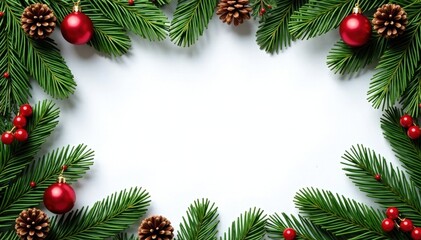 Festive Christmas wreath frame, fir branches, pine cones , holiday frame, fir