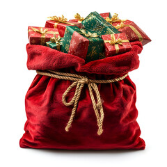 Red santa claus bag overflowing with christmas gifts on white background