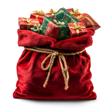 Red santa claus bag overflowing with christmas gifts on white background