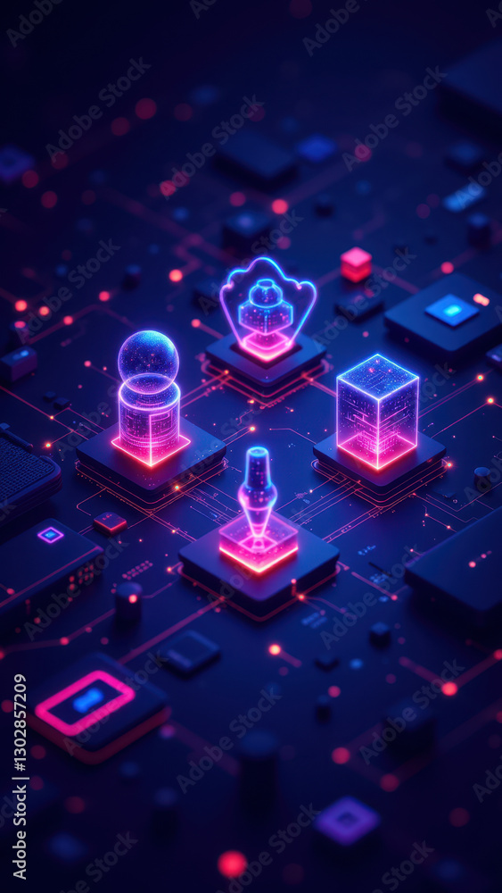 Poster digital abstract art with neon color tech theme elements.