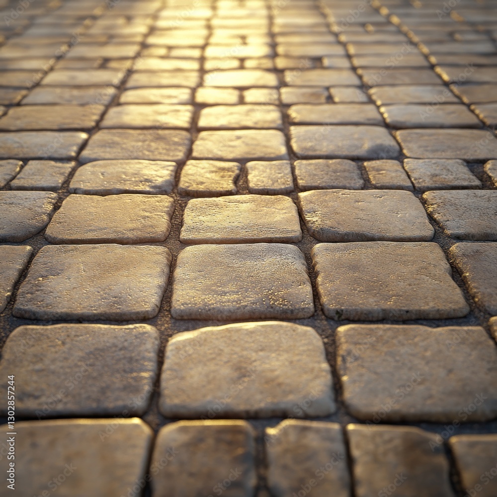 Poster golden hued cobblestone pathway: a warm and inviting ground level view with perspective leading to h