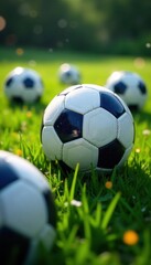 Fototapeta premium Glistening soccer balls, scattered on emerald grass, surrounded by magical sparkles , summer, image, colorful