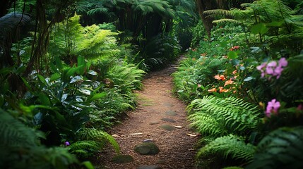 Exploring a lush green organic pathway through natural ferns in a tranquil forest environment
