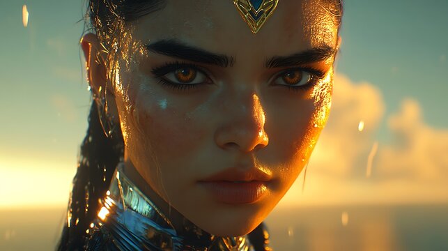 Fototapeta Close-up female fantasy portrait, sunset background, digital art, possible game cover