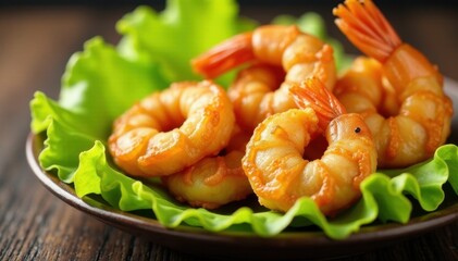 Golden-brown fried shrimp, crisp coating, lettuce garnish , golden, delicious food