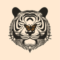 tiger with a butterfly on the nose, vintage halftone effect style illustration