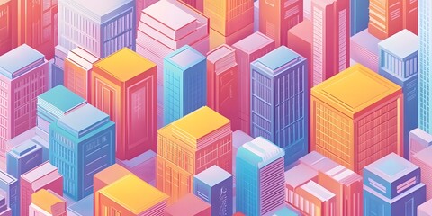 Obraz premium Isometric Cityscape in Pastel Hues: A vibrant isometric illustration of a modern city skyline rendered in a captivating pastel color palette, featuring a variety of stylized buildings and structures