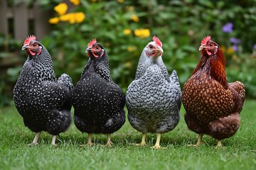 Fototapeta premium Chickens standing, yard, flowers, picket fence