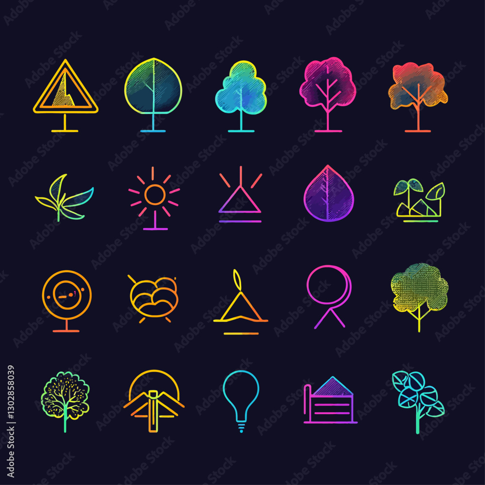 Poster nature and ecology vector icon set with gradient colors on dark backdrop