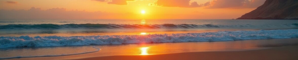 Naklejka premium Golden sunset paints calm ocean waves on sandy shore , peaceful, summer