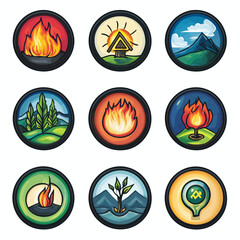 Nature Elements Symbols Set- Fire, Mountain, Tree, Growth and Light