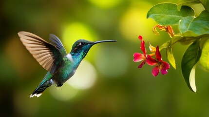 Fototapeta premium Hummingbird feeding on vibrant flowers in lush greenery natural garden organic environment close-up view