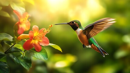Fototapeta premium Hummingbird feeding on vibrant flower lush greenery natural environment nature photography organic serenity