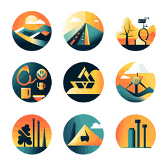 Nature Scenery Abstract Icons, Landscape Vector Graphics, Industry Symbols