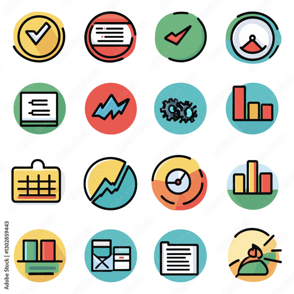 Poster business statistics and data analytics icons set for reporting and metrics