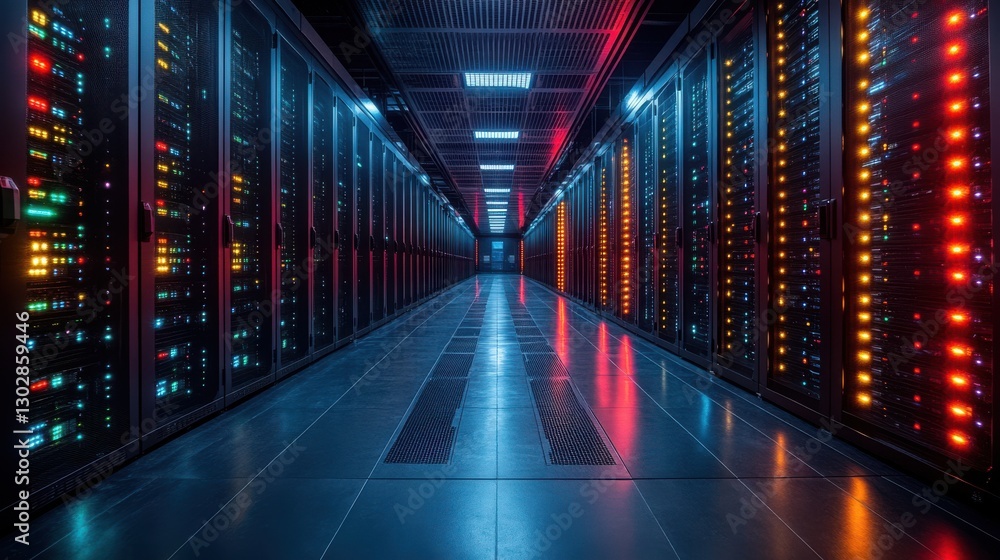 Poster a high tech data center illuminated by vibrant lights featuring rows of servers and modern network e