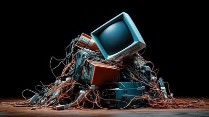 A visually striking composition of old electronic devices and cables against a black background emphasizes the duality of nostalgia and modern disarray in today's tech world.