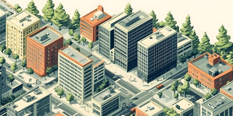 Urban Oasis: Bird's eye view of a modern city with lush trees. A photorealistic illustration of urban landscape showing various buildings