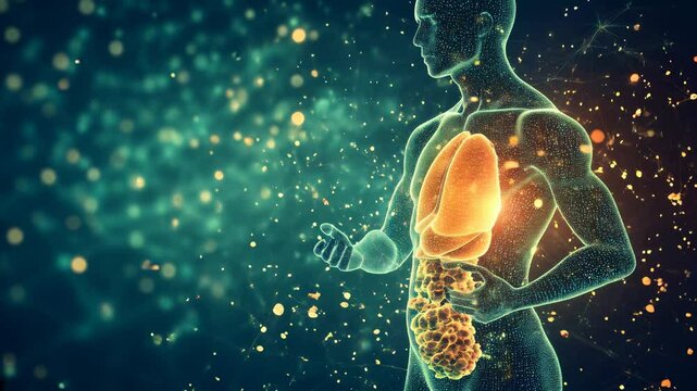 Illuminated human silhouette with microscopic gut bacteria a symbol of health and wellness