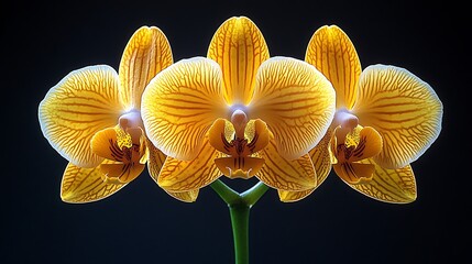 Close-up of three vibrant yellow orchids on black background.  Possible use Stock photo for floral design or nature