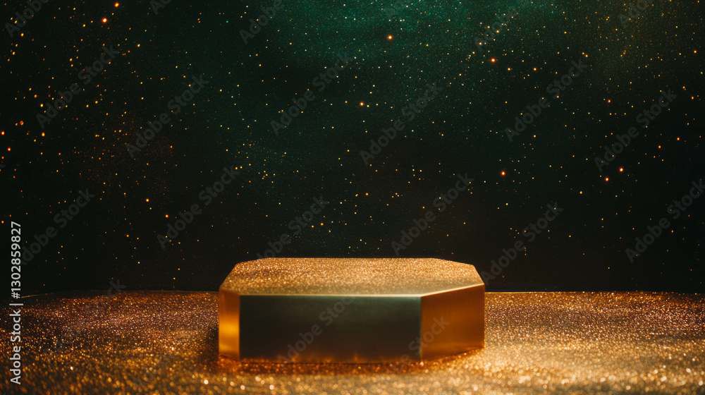 Poster elegant brushed gold podium with geometric pattern on starry background for luxury display