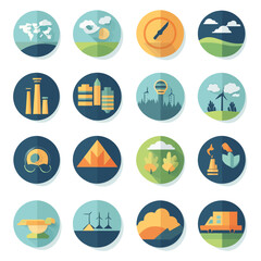 Energy Icons Vector Set, World Map, Sunrise, Wind Turbines, Factory, Car