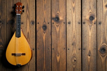 A lute-like stringed instrument hangs on a rustic wooden wall, showcasing its elegant design and rich, warm tone.