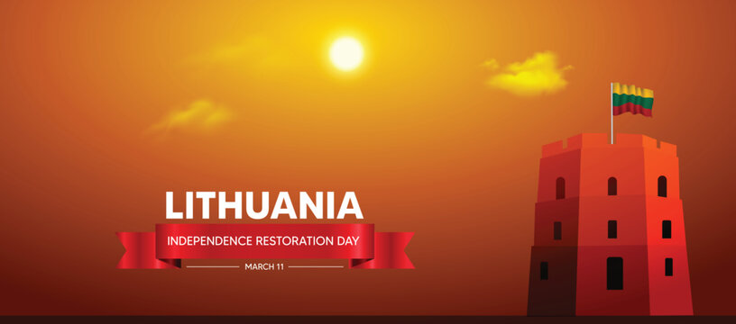 Lithuania Independence Restoration Day 11 March waving flag on landmarks vector poster
