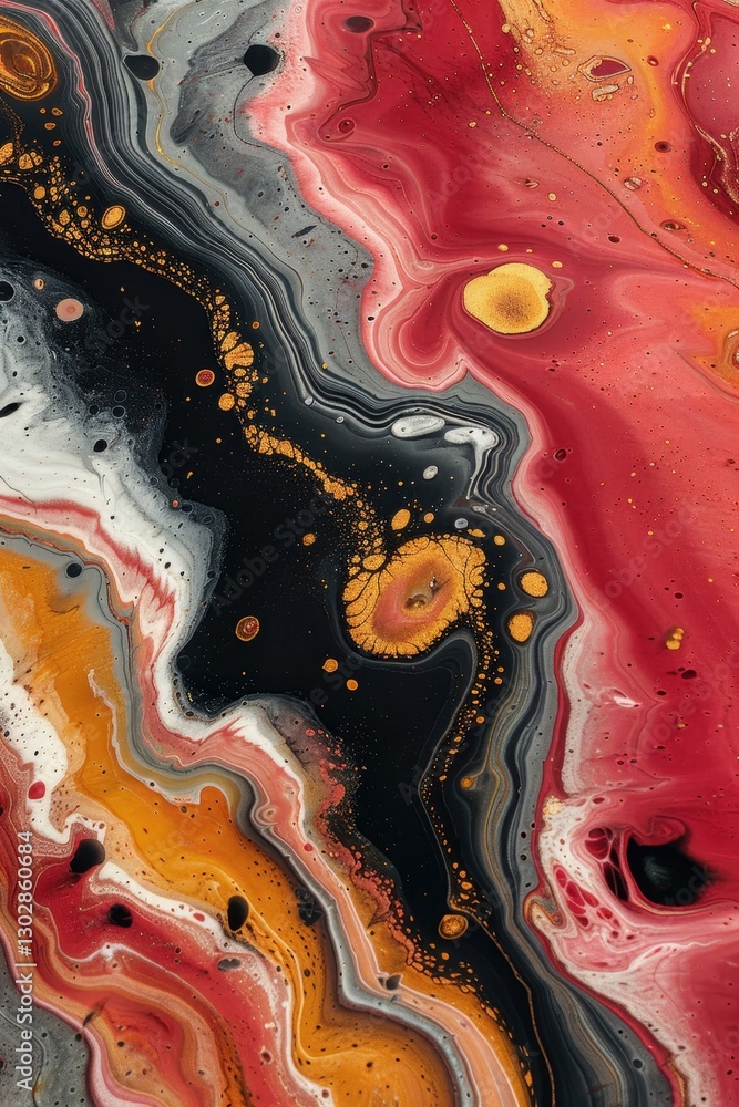 Poster swirls of red black and gold create a dynamic abstract artwork. the vivid colors blend harmoniously 