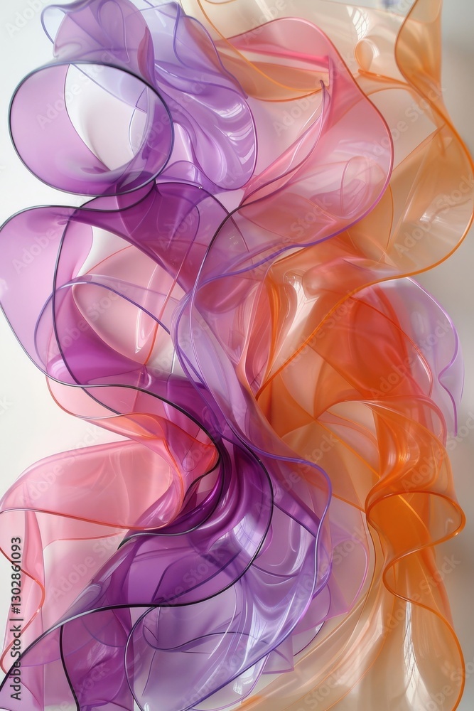Poster bright fabric ribbons in shades of purple orange and pink intertwine to form a flowing wave pattern.