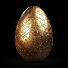 Ornate Golden Egg with Intricate Floral Patterns Against Black Background